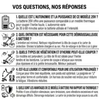 FAQ pour le produit : Débroussailleuse à batterie NEMURA 20V - Fonction 2 en 1: fil et lame + Batterie 4Ah + Chargeur rapide