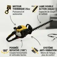 TH025_info Illustration produit : Taille-Haies Thermique 25cc NEMURA - Coupe de 60cm - Poignée Inclinable et ses avantages
