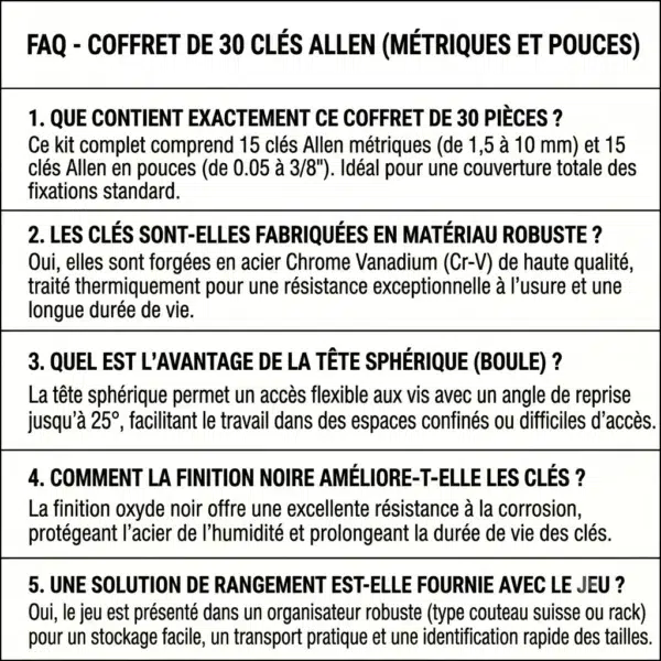 FAQ pour le produit : Coffret de 30 clés Allen en Chrome Vanadium