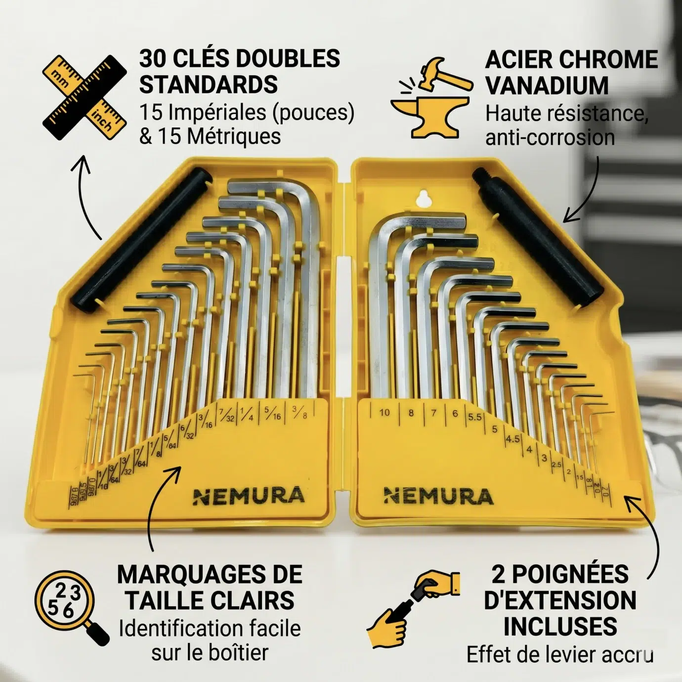 Coffret de 30 clés Allen en Chrome Vanadium - 15 Clés en Clés Métriques et 15 en Pouces - Qualité Professionnelle – Image 2