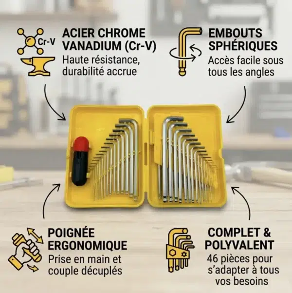 C46CAT_info Coffret de 46 Clés Allen et Torx en Chrome Vanadium Qualité Professionnelle + Rallonge Universelle et ses avantages