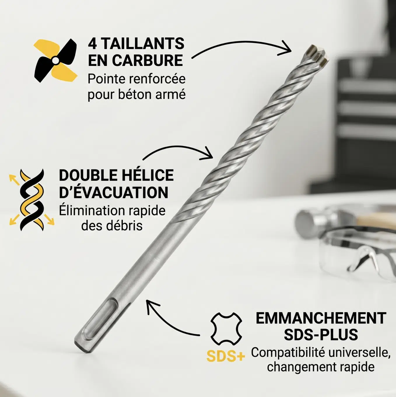Coffret de 8 Forets SDS+ pour Béton Armé - Pointe en carbure de Tungstène renforcé et 4 taillants - Qualité professionnelle – Image 2