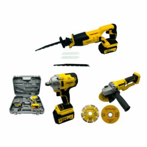 Pack 3 outils Clé a Chocs, Scie Sabre, Meuleuse d'Angle + 2 batteries + Chargeur Rapide