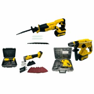 Pack 3 outils Scie Sabre, Outil Multifonction, Marteau Perforateur + 2 batteries + Chargeur Rapide