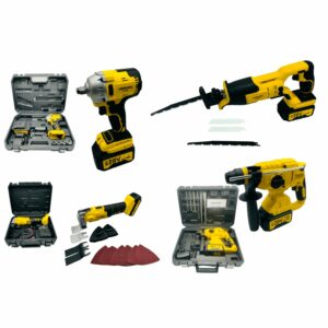 Pack 4 outils Clé a Chocs, Outil Multifonction, Marteau Perforateur, Scie Sabre + 3 batteries + Chargeur Rapide