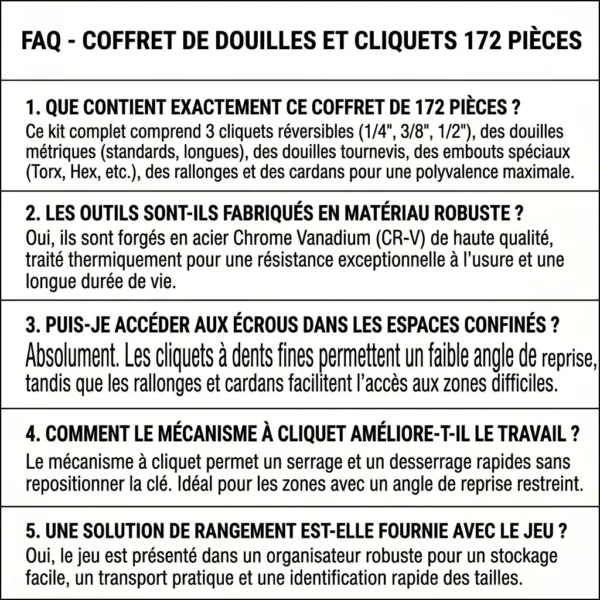 C172DC_FAQ FAQ Coffret de 172pcs Douilles et Clés à Cliquet 1/4", 1/8" et 1/2"