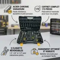 C172DC_info Coffret de 172pcs Douilles et Clés à Cliquet 1/4", 1/8" et 1/2" - Chrome Vanadium Haute Qualité et ses avantages