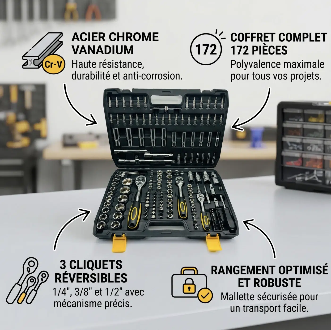 Coffret de 172pcs Douilles et Clés à Cliquet 1/4", 1/8" et 1/2" - Chrome Vanadium Haute Qualité – Image 2