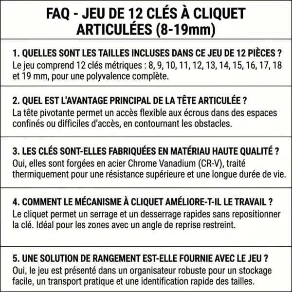 L12CA_FAQ FAQ pour le produit : Jeu De 12 Clés à Cliquet Articulées 8-19mm