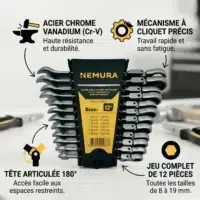 L12CA_info Jeu De 12 Clés à Cliquet Articulées 8-19mm - Acier Chrome Vanadium Haute Qualité et ses avantages