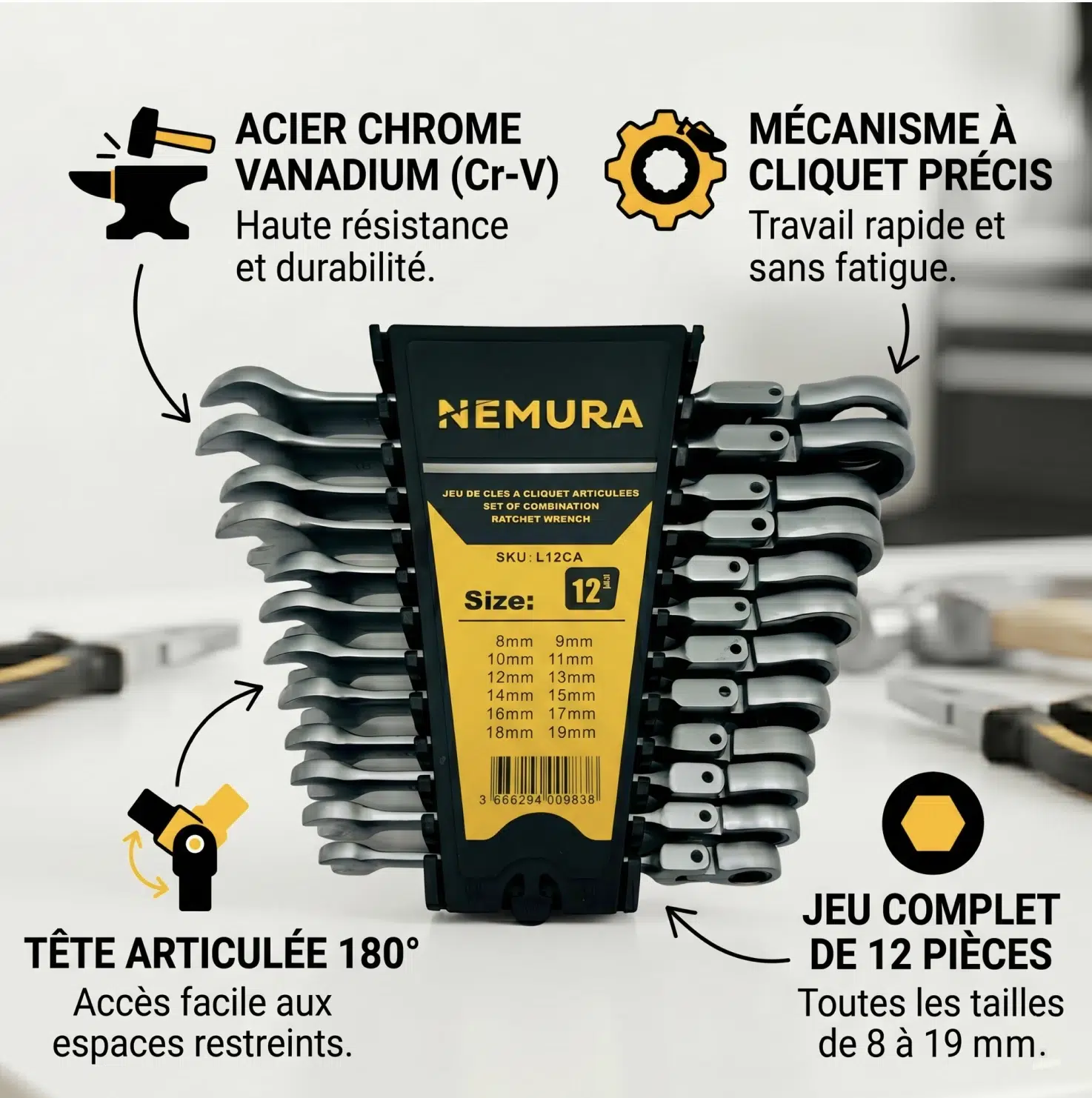 Jeu De 12 Clés à Cliquet Articulées 8-19mm - Acier Chrome Vanadium Haute Qualité – Image 2