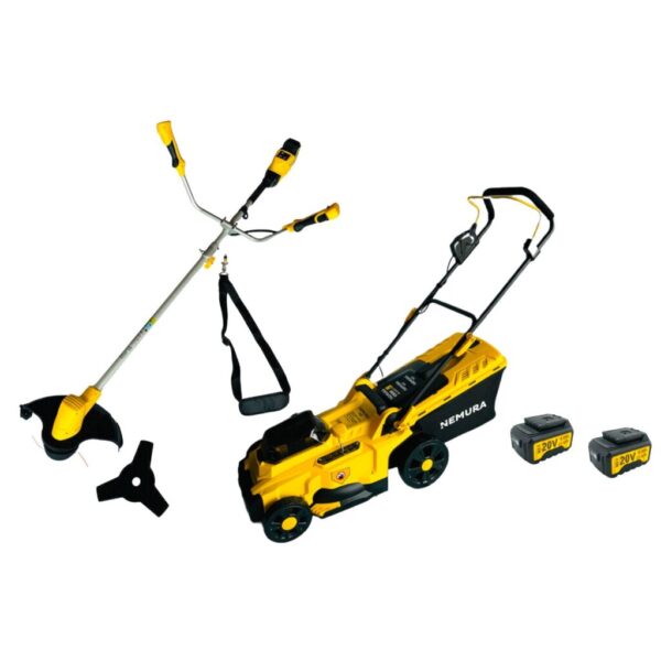 Pack 2 outils Tondeuse et Débroussailleuse NEMURA 20V + 3 Batteries + 2 Chargeurs rapide