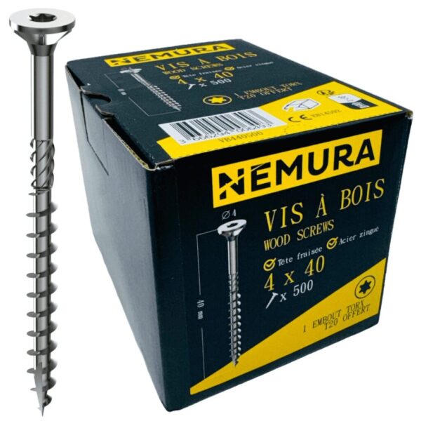 Lot de 500 Vis à Bois 4 x 40 mm - en Acier Zingué à Tête Fraisée - vis à bois Torx - Visses Spéciales pour Bois et Aggloméré- Haute Qualité Durable - Marque Francaise