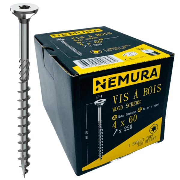 Lot de 250 Vis à Bois 4 x 60 mm - en Acier Zingué à Tête Fraisée - vis à bois Torx - Visses Spéciales pour Bois et Aggloméré- Haute Qualité Durable - Marque Francaise
