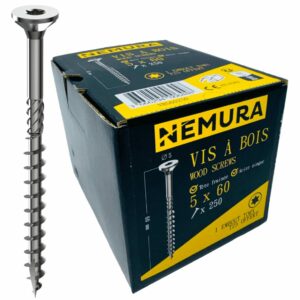 Lot de 250 Vis à Bois 5 x 60 mm - en Acier Zingué à Tête Fraisée - vis à bois Torx - Visses Spéciales pour Bois et Aggloméré- Haute Qualité Durable - Marque Francaise