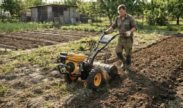 MT_amb Image de mise en situation dans un jardin du produit : Motoculteur Fraise Arrière 4T - 212cm3 - Largeur de travail 510mm - Marche Avant et Arrière