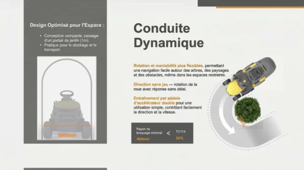 TT750_conduite Présentation des fonctionnalités de conduite dynamique d'un tracteur tondeuse autoporté Némura