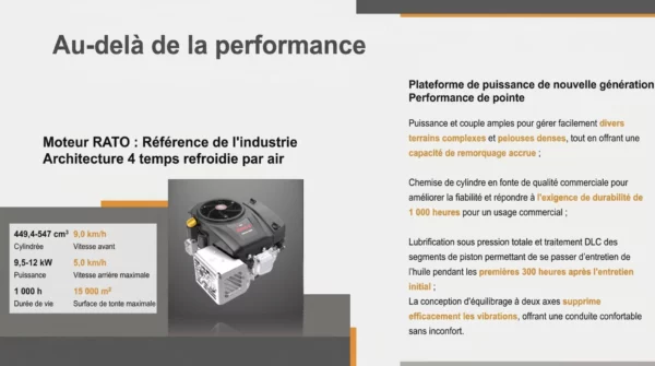 TT750_performance Brochure présentant les caractéristiques techniques du tracteur tondeuse autoporté Nemura 547cc