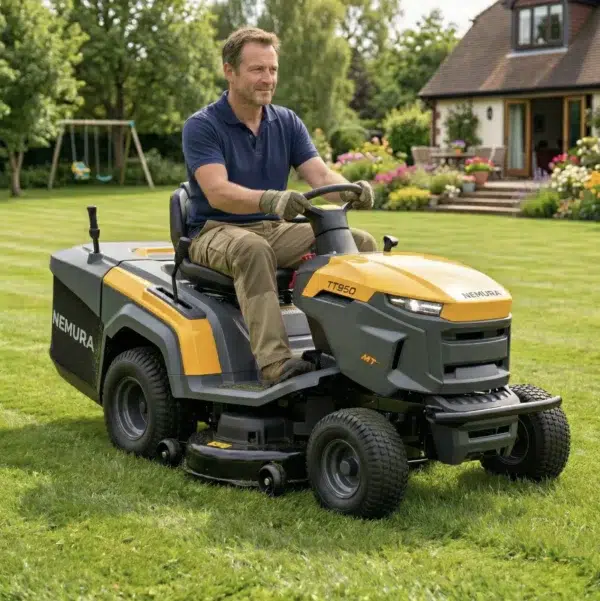 TT950_amb1 Tracteur tondeuse autoporté Nemura 223cc – Largeur de coupe 61 cm (mise en situation dans un jardin)