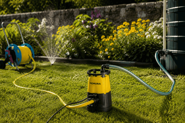 Pompe à eau Némura utilisée pour arroser un jardin pendant les fortes chaleurs