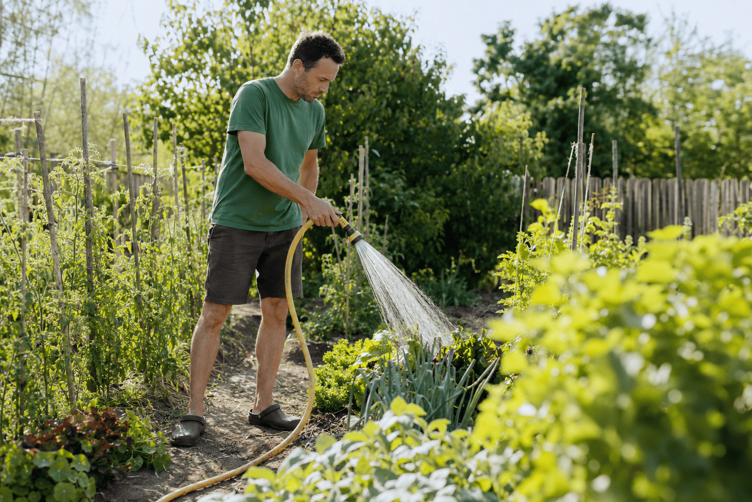 Homme arrosant son potager en été