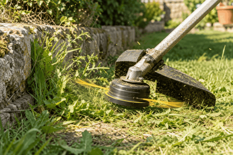 Débroussailleuse en action au jardin (1)